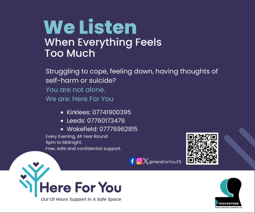 Advert for Here For You including new logo, which is the outline of tree branches, topped by hearts, with the words 'Here For You - Out of Hours Support in A Safe Space' next to it.